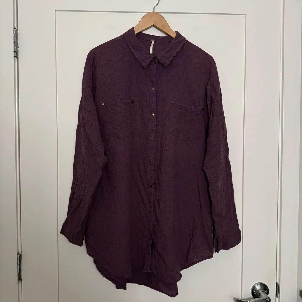 Free People Love Her Madly Shirt Sz M Purple Oversized Button Up Puckered Boho